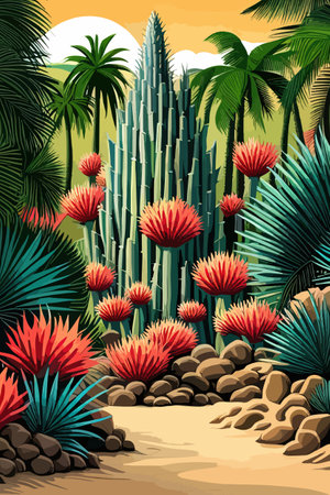 Cactus garden with a variety of succulents, cacti and other desert plants, with a blooming desert roseのイラスト素材