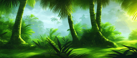 Tropical vintage botanical landscape, palm tree, vegetable flower border background. Exotic green jungle backgroundのイラスト素材