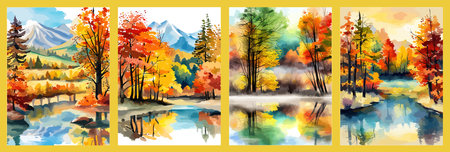 Watercolor landscape. Autumn forest on the lake shore vector illustration autumnal trees on the shore of calm forestのイラスト素材