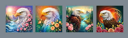 Stunning illustration of an eagle with a floral ornament. Multicolored surreal elements. close-up vector illustration.のイラスト素材