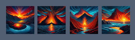 Volcano crater eruption with red-hot glowing magma, active volcanic explosion with lava, splashes, rocks, flashesのイラスト素材