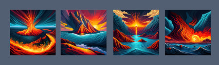 Volcano crater eruption with red-hot glowing magma, active volcanic explosion with lava, splashes, rocks, flashesのイラスト素材