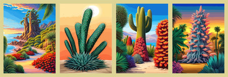 Cactus garden with a variety of succulents, cacti and other desert plants, with a blooming desert roseの写真素材