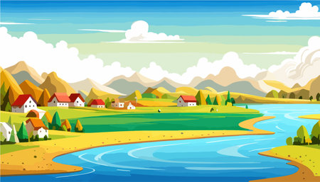 Vector illustration of a house in a rural area surrounded by panoramic meadows, mountains, and idyllic countryside.のイラスト素材