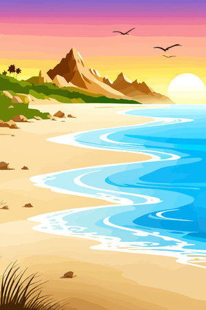 Top view of the summer sea beach. Top view of the ocean beach with soft waves. Beautiful background with shellsのイラスト素材