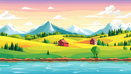 Vector illustration of a house in a rural area surrounded by panoramic meadows, mountains, and idyllic countryside.のイラスト素材