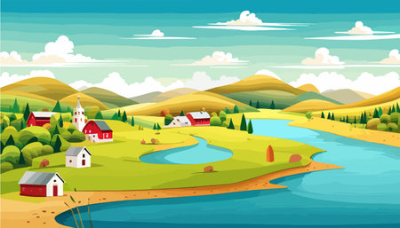 Vector illustration of a house in a rural area surrounded by panoramic meadows, mountains, and idyllic countryside.のイラスト素材