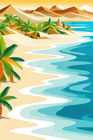 Top view of the summer sea beach. Top view of the ocean beach with soft waves. Beautiful background with shellsのイラスト素材