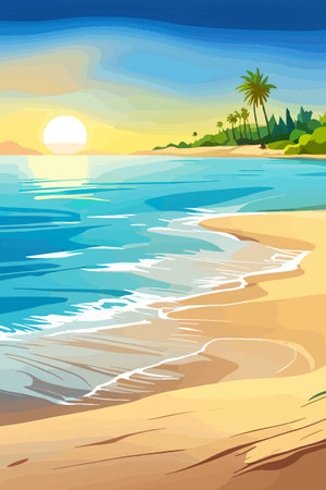 Top view of the summer sea beach. Top view of the ocean beach with soft waves. Beautiful background with shellsのイラスト素材