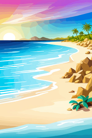 Top view of the summer sea beach. Top view of the ocean beach with soft waves. Beautiful background with shellsのイラスト素材