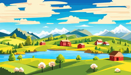 Vector illustration of a house in a rural area surrounded by panoramic meadows, mountains, and idyllic countryside.のイラスト素材
