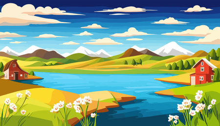Vector illustration of a house in a rural area surrounded by panoramic meadows, mountains, and idyllic countryside.のイラスト素材