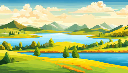 Vector illustration of a house in a rural area surrounded by panoramic meadows, mountains, and idyllic countryside.のイラスト素材