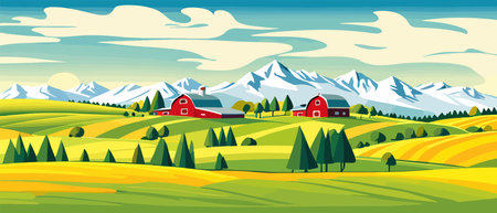 Landscape of green fields of farmland, barns and farms, rural houses. Vector grassland with buildings, green grassのイラスト素材