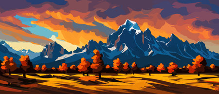 Vector autumn horizontal landscape with fog, forest, spruce, fir and morning sunlight. Autumn season Silhouette, fogのイラスト素材