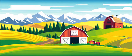 Landscape of green fields of farmland, barns and farms, rural houses. Vector grassland with buildings, green grassのイラスト素材