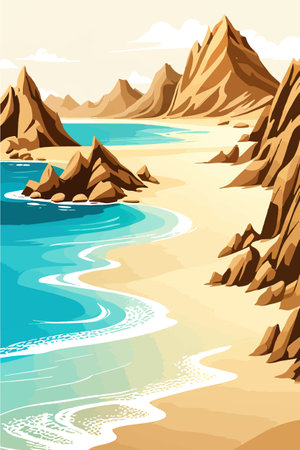 Top view of the summer sea beach. Top view of the ocean beach with soft waves. Beautiful background with shellsのイラスト素材