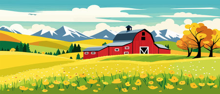 Landscape of green fields of farmland, barns and farms, rural houses. Vector grassland with buildings, green grassのイラスト素材