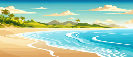 Top view of the summer sea beach. Top view of the ocean beach with soft waves. Beautiful background with shellsのイラスト素材