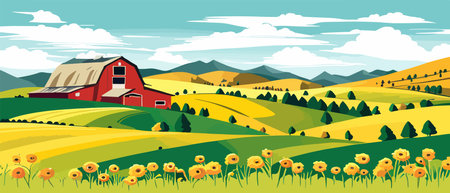 Landscape of green fields of farmland, barns and farms, rural houses. Vector grassland with buildings, green grassのイラスト素材