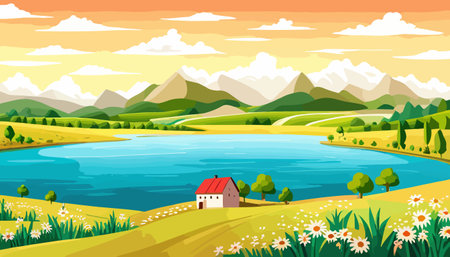 Vector illustration of a house in a rural area surrounded by panoramic meadows, mountains, and idyllic countryside.のイラスト素材