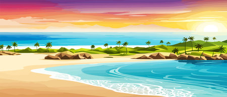 Top view of the summer sea beach. Top view of the ocean beach with soft waves. Beautiful background with shellsのイラスト素材