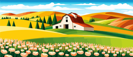 Landscape of green fields of farmland, barns and farms, rural houses. Vector grassland with buildings, green grassのイラスト素材