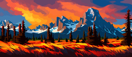 Vector autumn horizontal landscape with fog, forest, spruce, fir and morning sunlight. Autumn season Silhouette, fogのイラスト素材