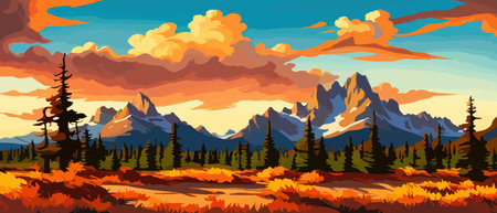 Vector autumn horizontal landscape with fog, forest, spruce, fir and morning sunlight. Autumn season Silhouette, fogのイラスト素材