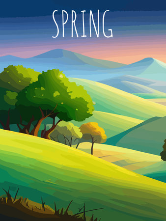 Nature and landscape. Vector illustration of trees, forest, mountains, plants, green spring meadows.のイラスト素材