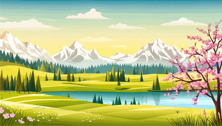 Nature and landscape. Vector illustration of trees, forest, mountains, flowers, plants, field. Picture for backgroundのイラスト素材