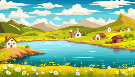 Vector illustration of a house in a rural area surrounded by panoramic meadows, mountains, and idyllic countryside.のイラスト素材
