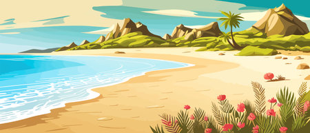 Top view of the summer sea beach. Top view of the ocean beach with soft waves. Beautiful background with shellsのイラスト素材