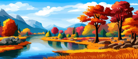 Autumn landscape with trees, mountains, fields, leaves. Rural landscape. Autumn background. Vector illustrationのイラスト素材
