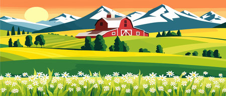 Landscape of green fields of farmland, barns and farms, rural houses. Vector grassland with buildings, green grassのイラスト素材