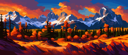 Vector autumn horizontal landscape with fog, forest, spruce, fir and morning sunlight. Autumn season Silhouette, fogのイラスト素材