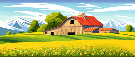 Landscape of green fields of farmland, barns and farms, rural houses. Vector grassland with buildings, green grassのイラスト素材