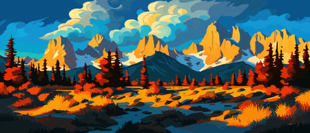 Vector autumn horizontal landscape with fog, forest, spruce, fir and morning sunlight. Autumn season Silhouette, fogのイラスト素材