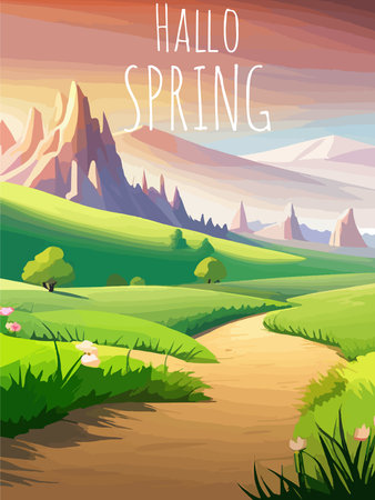 Nature and landscape. Vector illustration of trees, forest, mountains, plants, green spring meadows.のイラスト素材