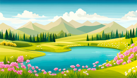 Nature and landscape. Vector illustration of trees, forest, mountains, flowers, plants, field. Picture for backgroundのイラスト素材