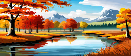 Autumn landscape with trees, mountains, fields, leaves. Rural landscape. Autumn background. Vector illustrationのイラスト素材