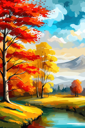 Watercolor landscape. Autumn forest on the lake shore vector illustration autumnal trees on the shore of calm forestのイラスト素材