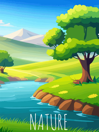 Nature and landscape. Vector illustration of trees, forest, mountains, plants, green spring meadows.のイラスト素材