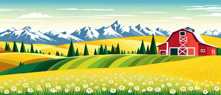 Landscape of green fields of farmland, barns and farms, rural houses. Vector grassland with buildings, green grassのイラスト素材