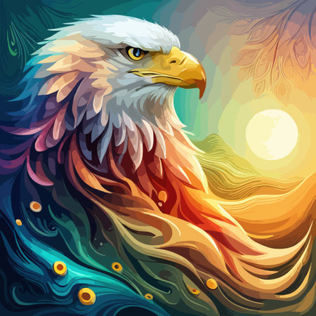 Stunning illustration of an eagle with a floral ornament. Multicolored surreal elements. close-up vector illustration.のイラスト素材