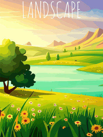 Nature and landscape. Vector illustration of trees, forest, mountains, plants, green spring meadows.のイラスト素材