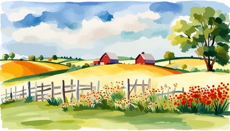 Farm scene with red barn dirt road and farm with red barn wildflowers, spring landscape. Vector illustration Farmのイラスト素材