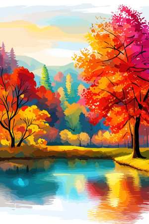 Watercolor landscape. Autumn forest on the lake shore vector illustration autumnal trees on the shore of calm forestのイラスト素材