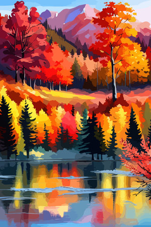 Watercolor landscape. Autumn forest on the lake shore vector illustration autumnal trees on the shore of calm forestのイラスト素材