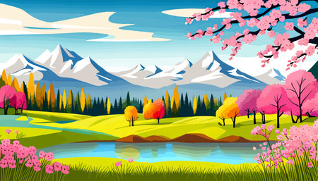 Nature and landscape. Vector illustration of trees, forest, mountains, flowers, plants, field. Picture for backgroundのイラスト素材